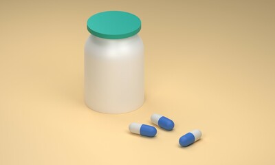 bottle and white blue pills illustration in 3d style, fit for health and medic theme.