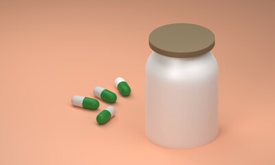 bottle and white green pills illustration in 3d style, fit for health and medic theme.