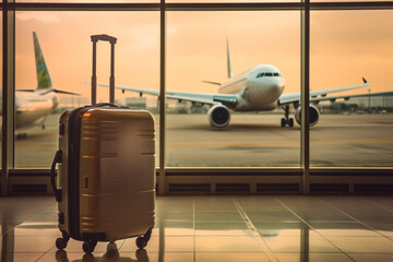 Suitcases in airport, airport hall, airplanes in the background