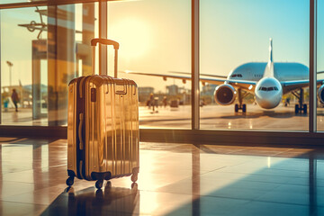 Suitcases in airport, airport hall, airplanes in the background