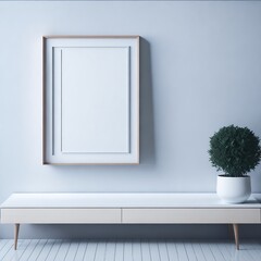 Empty horizontal frame mockup in modern minimalist interior with plant in trendy vase on beige wall background. Template for artwork, painting, photo or poster