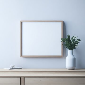 Empty horizontal frame mockup in modern minimalist interior with plant in trendy vase on beige wall background. Template for artwork, painting, photo or poster © Holmberg