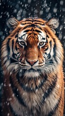 Siberian Tiger on Snowflakes Winter Background. Generative ai