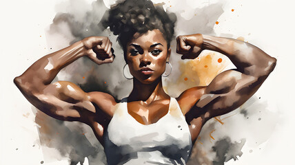 Watercolor painting of a fitness obsessed young black woman flexing her muscles. Generative AI.