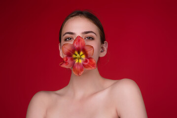 Obraz na płótnie Canvas Beauty girl with tulip in mouth. Beautiful sensual woman hold tulips, studio portrait on red background.