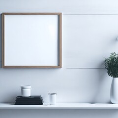 Naklejka na ściany i meble Blank wooden picture frame mockup on wall in modern interior. Horizontal artwork template mock up for artwork, painting, photo or poster in interior design