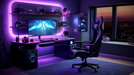 Powerful gaming PC at the center of the setup, surrounded by a sleek desk with a high-resolution monitor, an ergonomic gaming chair, and a set of premium gaming peripherals. Neon lights, Generative AI