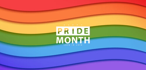 Pride Month background in wave paper style. Rainbow background. Vector illustration.