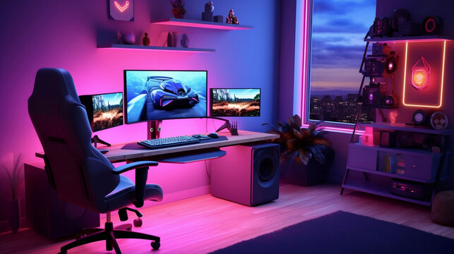 Powerful gaming PC at the center of the setup, surrounded by a sleek desk with a high-resolution monitor, an ergonomic gaming chair, and a set of premium gaming peripherals. Neon lights, Generative AI
