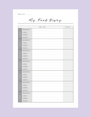 Fitness Planner and Food Diary Planner. Plan you food day easily. Vector illustration.