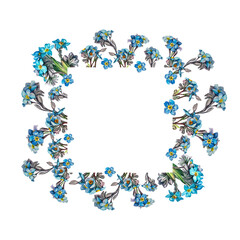 Square frame with watercolor forget me not on white background. Spring and summer flower for card or sketchbook. Hand-drawn border with copy space for invite. Vintage romantic element for wedding