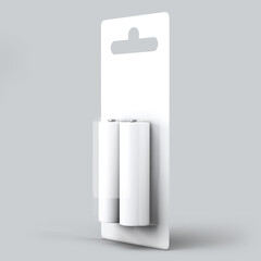 realistic white alkaline AA batteries in blister packed icon set. Design template for branding, mockup. Closeup isolated on white background. 3D illustration, 3D rendering.
