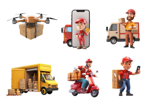 3D illustration Online delivery service concept, online order tracking, delivery home and office. Warehouse, truck, drone, scooter delivery man, isolated on white, ai generate