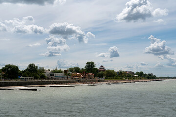 View of the promenade of the resort town and the beach on a sunny summer day, Zelenogradsk,...
