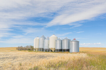 Fototapeta na wymiar Line of grain silos in the prairie, Alberta, Canada