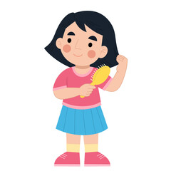 Illustration of a cute little girl combing her hair