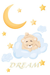 Cute little teddy bear on a transparent background, sleeping on an air cloud, vector illustration, children's fashion, children's graphics for wallpapers and prints. Cartoon vector illustration.