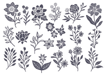 set of botanical flower and leaf doodle element