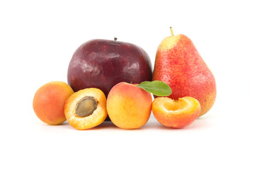 Multivitamin and juicy rich fruits over white background
