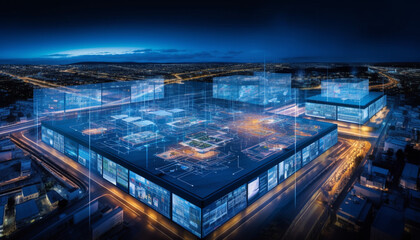 Fototapeta premium Smart City's Central Hub Showcasing Energy Grid and Distribution System in Advanced Technology Style with Pulsating Energy Waves and Data Streams - Generative AI