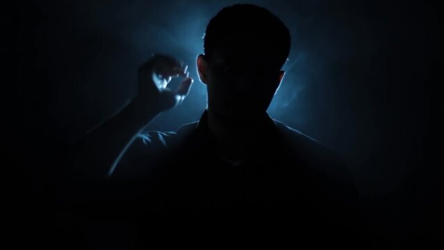 Silhouette shot of a mafia boss or a hitman sitting on a chair with creative lighting cinematic shot of him doing hand movements whilst holding a gun in hand.
