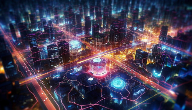 Smart City's High-Tech Command Center Displays 3D Holographic Map of Interconnected Systems with Neon Colors and Data Points - Generative AI