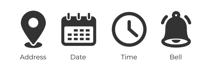 Place, Time, Date and Notification line icons. Calendar, address location pointer and alarm bell. Notice alert, business schedule and office time clock. Location place, date reminder. Vector - obrazy, fototapety, plakaty
