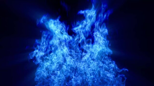A beautiful blue fire emits blue rays instead of smoke on a black background.