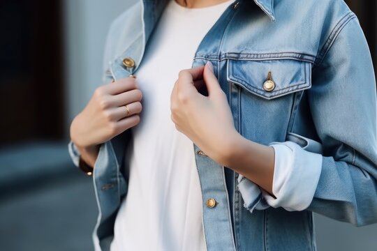 Stylish woman wearing blue jeans jacket. Details of trendy casual outfit. Street fashion. Denim fashion concept. Generative AI