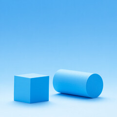 Two blue geometric shapes, a cube and a cylinder on blue background. Empty showcase design mockup for advertising, presentation of products.