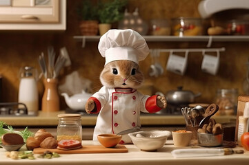 Cute animal chef in the kitchen created with Generative AI technology