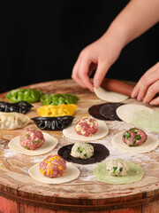 Chinese women are making dumplings in the kitchen(jiaozi), dumplings with various vegetables and meat fillings, indoor kitchen photography