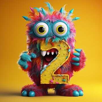 crazy mad funny cute tiny Monster In the form of the number 2, generative AI illustration