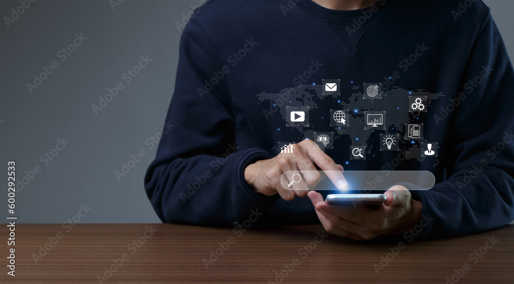 Wall mural seo search engine optimization concept. men use smartphone with seo icons for promoting ranking traf