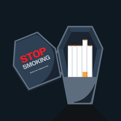 No smoking concept for world no tobacco day campaign with cigarette in coffin flat design style