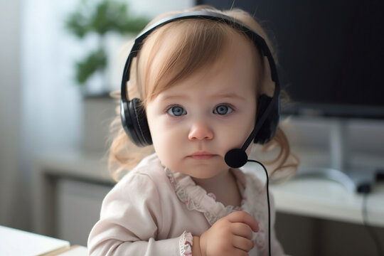 Kleines Mädchen als Call-Center Mitarbeiterin / Lustige Job Baby Illustration / ai-generiert