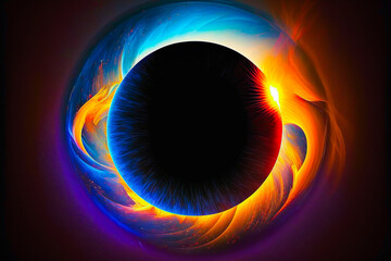 Circular Visions conceptual art. Vivid and colorful blue and orange aura or halo around mysterious black circle object. A total solar eclipse, energy, planet in galaxy concept. Made with Generative AI