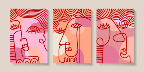 Set of abstract face portraits line art decorative cubism wall art vector illustration. Out line flat graphics design.
