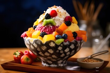 040_Korean bingsu with shaved ice and various fruits, Generative AI
