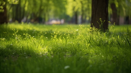 green garden grass in spring, springtime in the background and tree leaves