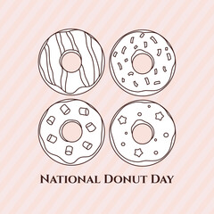 National donut day card or square banner minimal design on pale pink striped background