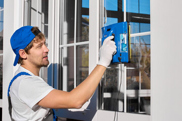 Cute Caucasian cleaning company worker sets up an automatic window cleaner for work. Uniformed and...