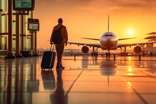 A person carrying a suitcase in the airport, airplane, sun 