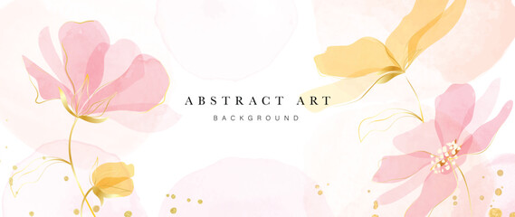 Spring floral in watercolor vector background. Luxury flower wallpaper design with wild flowers, line art, golden texture. Elegant gold botanical illustration suitable for fabric, prints, cover.