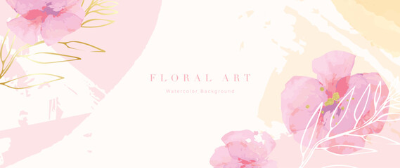 Fototapeta na wymiar Spring floral in watercolor vector background. Luxury flower wallpaper design with wild flowers, line art, golden texture. Elegant gold botanical illustration suitable for fabric, prints, cover.