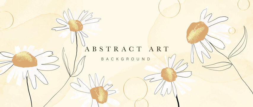 Spring floral in watercolor vector background. Luxury flower wallpaper design with daisy flowers, line art, golden texture. Elegant gold botanical illustration suitable for fabric, prints, cover.