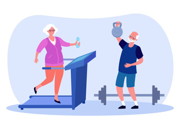 Elderly couple exercising with gym equipment vector illustration. Cartoon drawing of senior woman on treadmill and man lifting weights. Healthy lifestyle, recreation, sports, retirement concept