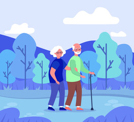 Happy senior couple walking in park vector illustration. Cartoon drawing of grandmother and grandmother with walking stick. Retirement, leisure, nature, recreation, healthy lifestyle concept