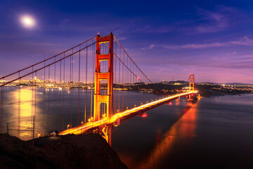 Full moon over the Golden Gate Bridge, San Francisco California