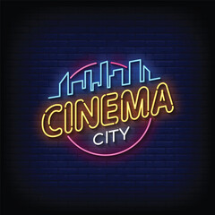 Neon Sign cinema city with brick wall background vector